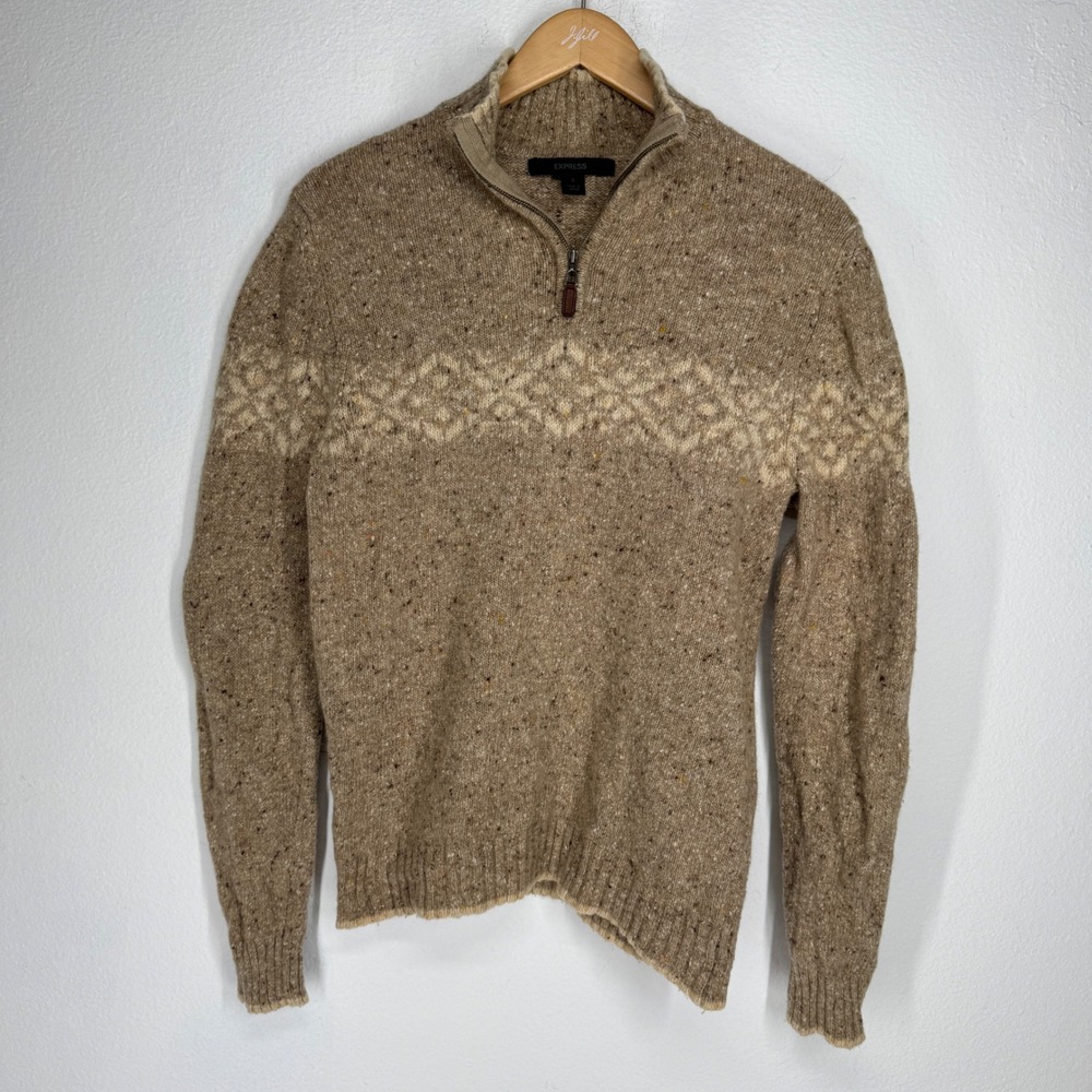 Express Mens Tan Speckled Tweed Fair Isle Quarter Zip Sweater Size S Vintage
